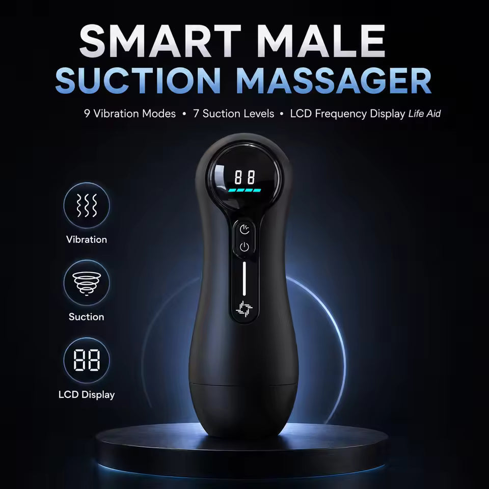 Smart male suction massager displaying 9 vibration modes, 7 suction levels, and LCD display.