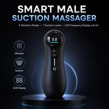 Smart male suction massager displaying 9 vibration modes, 7 suction levels, and LCD display.