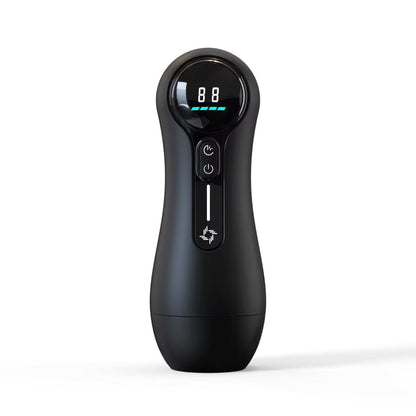 Sleek black automatic male masturbator standing upright with digital screen and control panel.