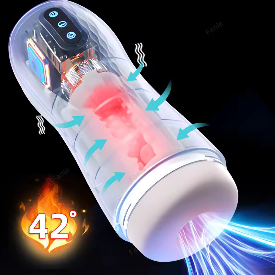 Clear, high-tech automatic male masturbator sleeve showing heating glow, airflow, and control panel.