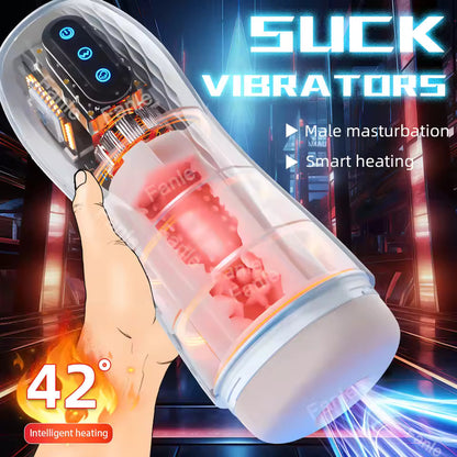 Hand holding a automatic male masturbation cup with glowing red heating and suction indicators.