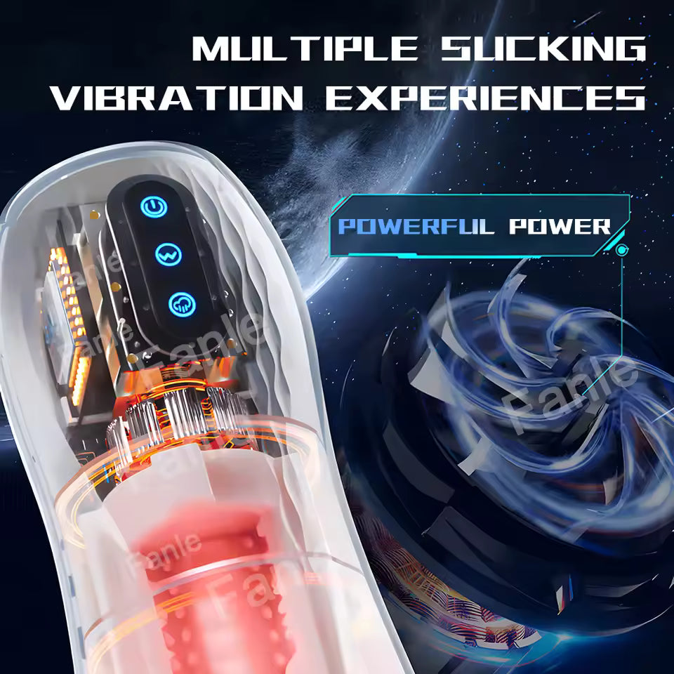 Automatic male masturbator showcasing powerful motor, vibration buttons, and suction graphics.