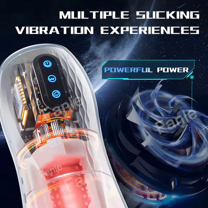 Automatic male masturbator showcasing powerful motor, vibration buttons, and suction graphics.