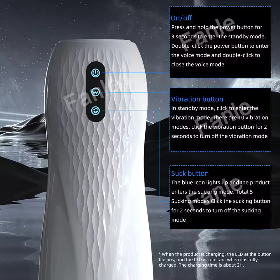 White textured masturbator displaying controls for power, vibration, and suction.