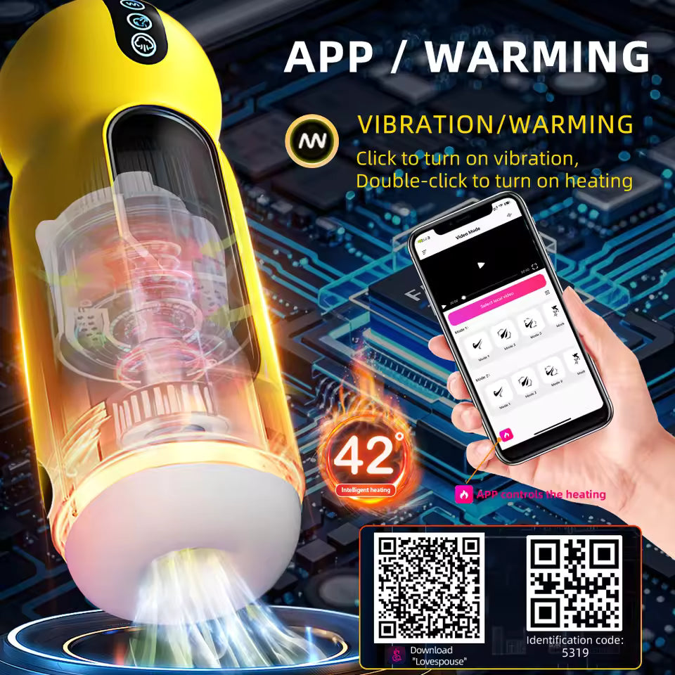 Yellow automatic male masturbator cup showing app connectivity, vibration features, and 42°C heating.