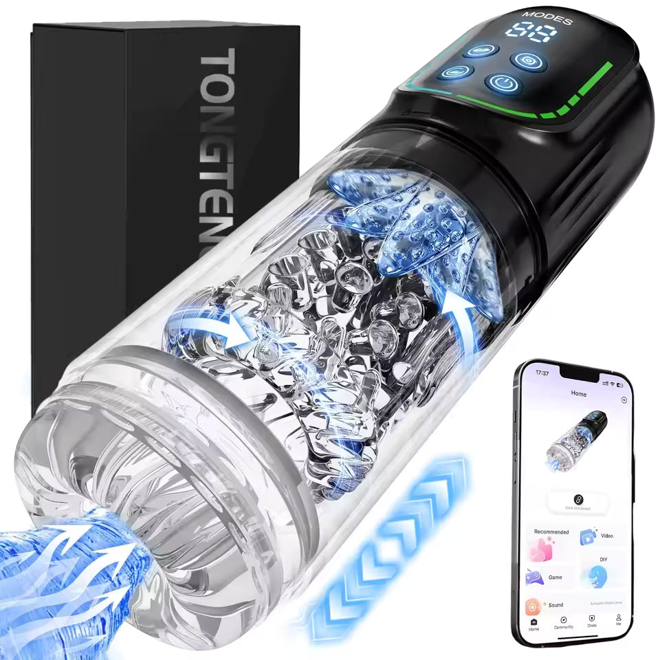 Angled view of automatic male masturbator with clear textured sleeve, LED control screen, and app.
