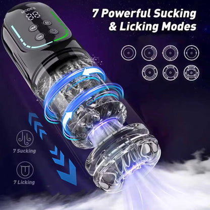 Clear male masturbator with LED screen highlighting 7 sucking and licking modes against dark background.