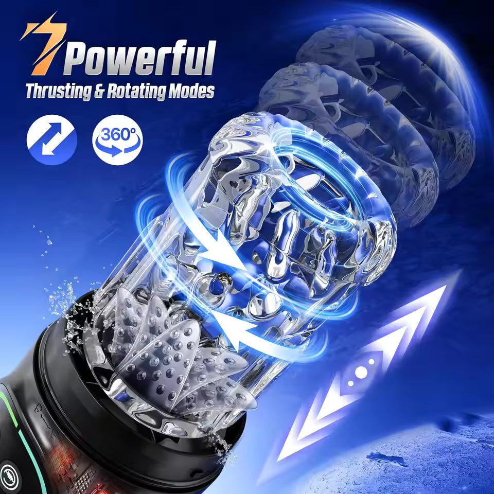 Close-up of clear male masturbator sleeve highlighting 7 thrusting and 360-degree rotating modes.