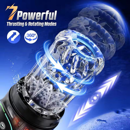 Close-up of clear male masturbator sleeve highlighting 7 thrusting and 360-degree rotating modes.