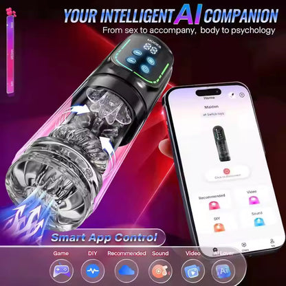 Clear male masturbator with LED screen shown beside smartphone displaying smart app control features.