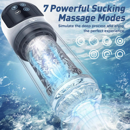 Clear male masturbator with LED control top submerged in water, showing 7 sucking massage modes.