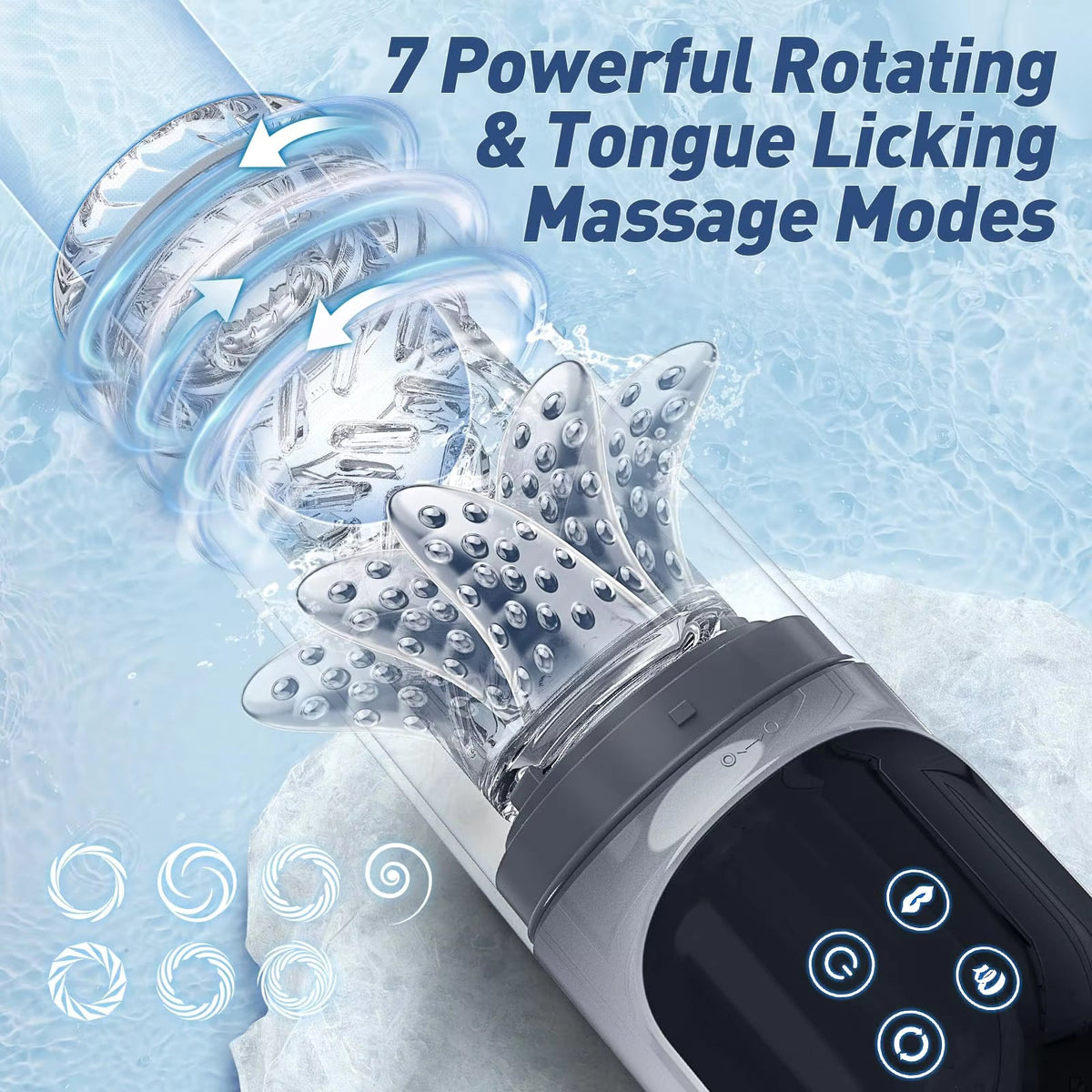 Clear male masturbator sleeve underwater highlighting 7 rotating and tongue licking massage modes.