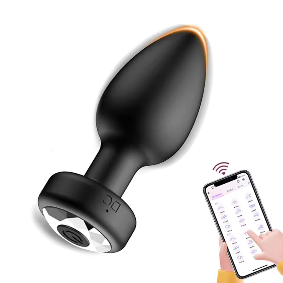 Black vibrating anal plug with smartphone app control interface.