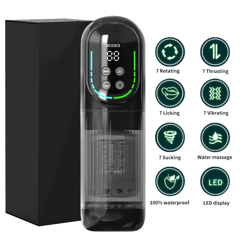 Black automatic male masturbator with LED display, retail box, and key feature icons.