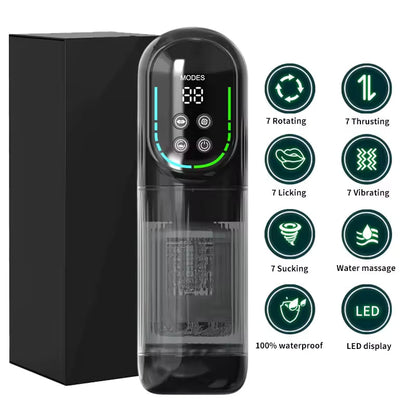 Black automatic male masturbator with LED display, retail box, and key feature icons.