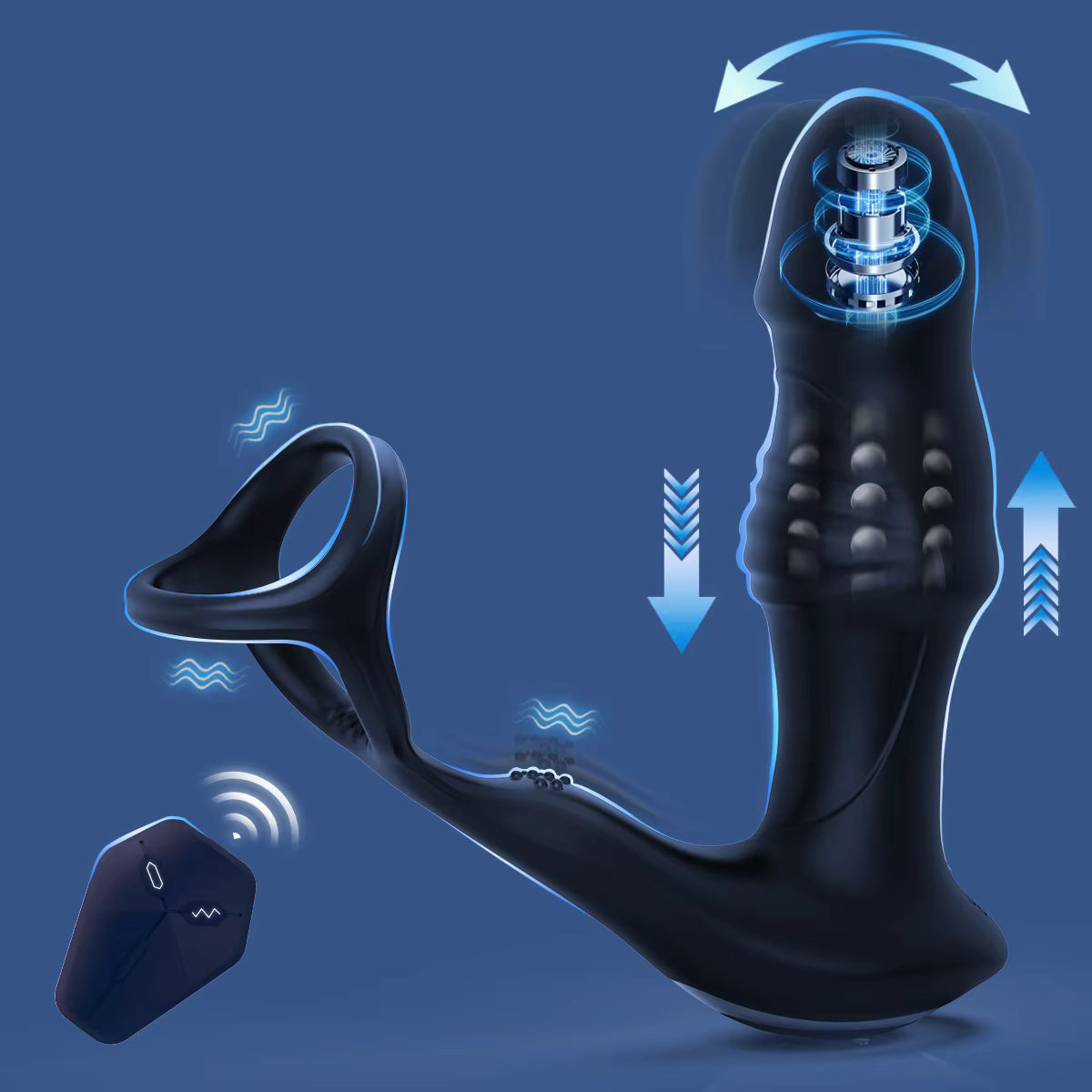Black thrusting prostate massager with a cock ring, internal motor, and wireless remote control.