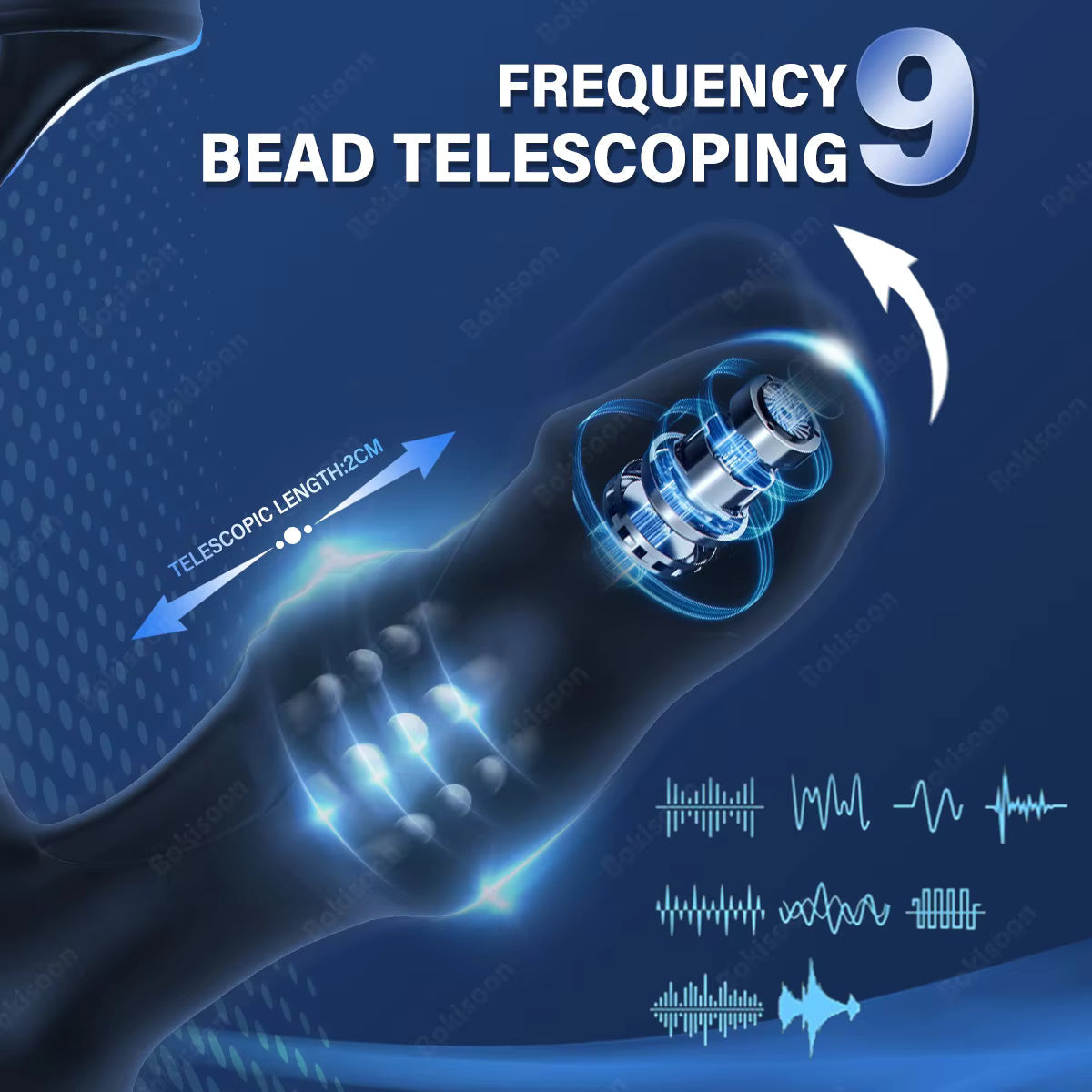 Black prostate massager close-up showing 2cm telescopic length, 9 frequency modes, and motor detail.