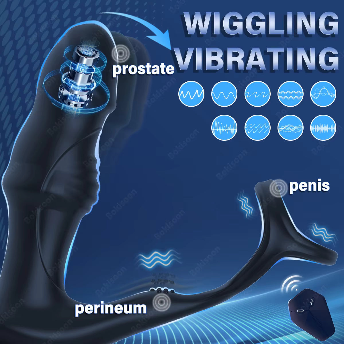 Black prostate massager showing wiggling and vibrating functions targeting prostate, perineum, and penis.