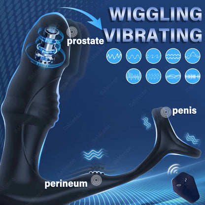 Black prostate massager showing wiggling and vibrating functions targeting prostate, perineum, and penis.