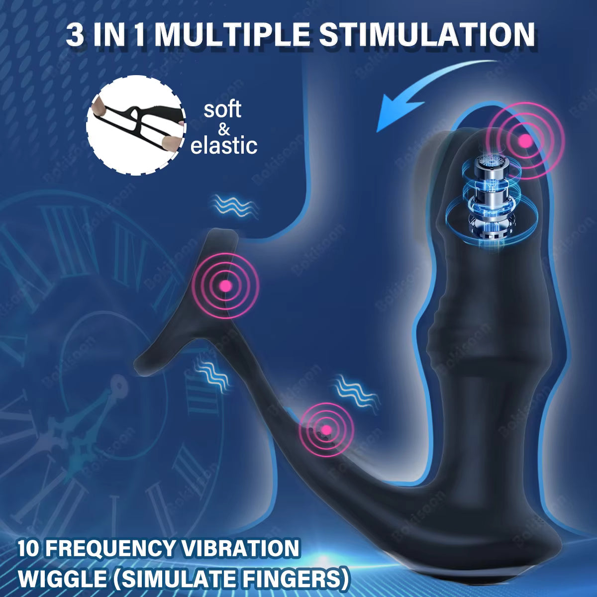 Black prostate massager diagram displaying 3-in-1 multiple stimulation and 10 frequency vibration modes.