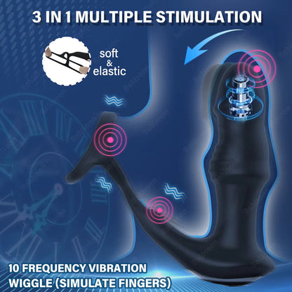 Black prostate massager diagram displaying 3-in-1 multiple stimulation and 10 frequency vibration modes.