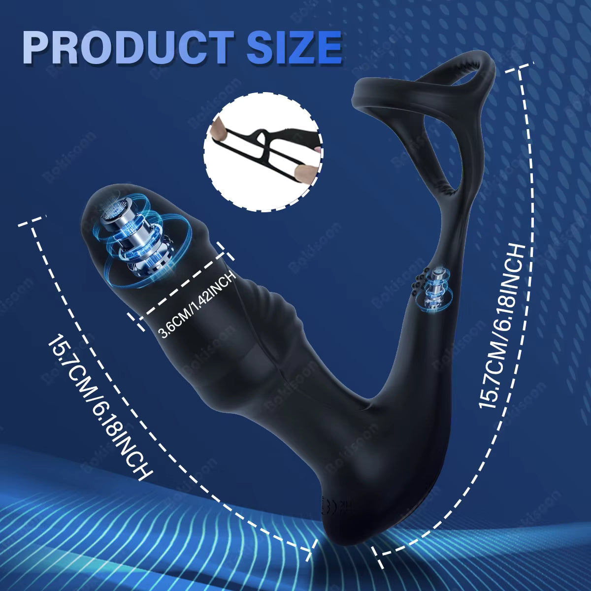 Black thrusting prostate massager with a cock ring, showing full dimensions and internal motor detail.