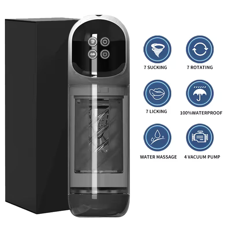 Grey automatic male masturbator showing transparent inner sleeve, box, and feature icons.