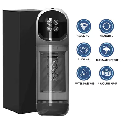 Grey automatic male masturbator showing transparent inner sleeve, box, and feature icons.