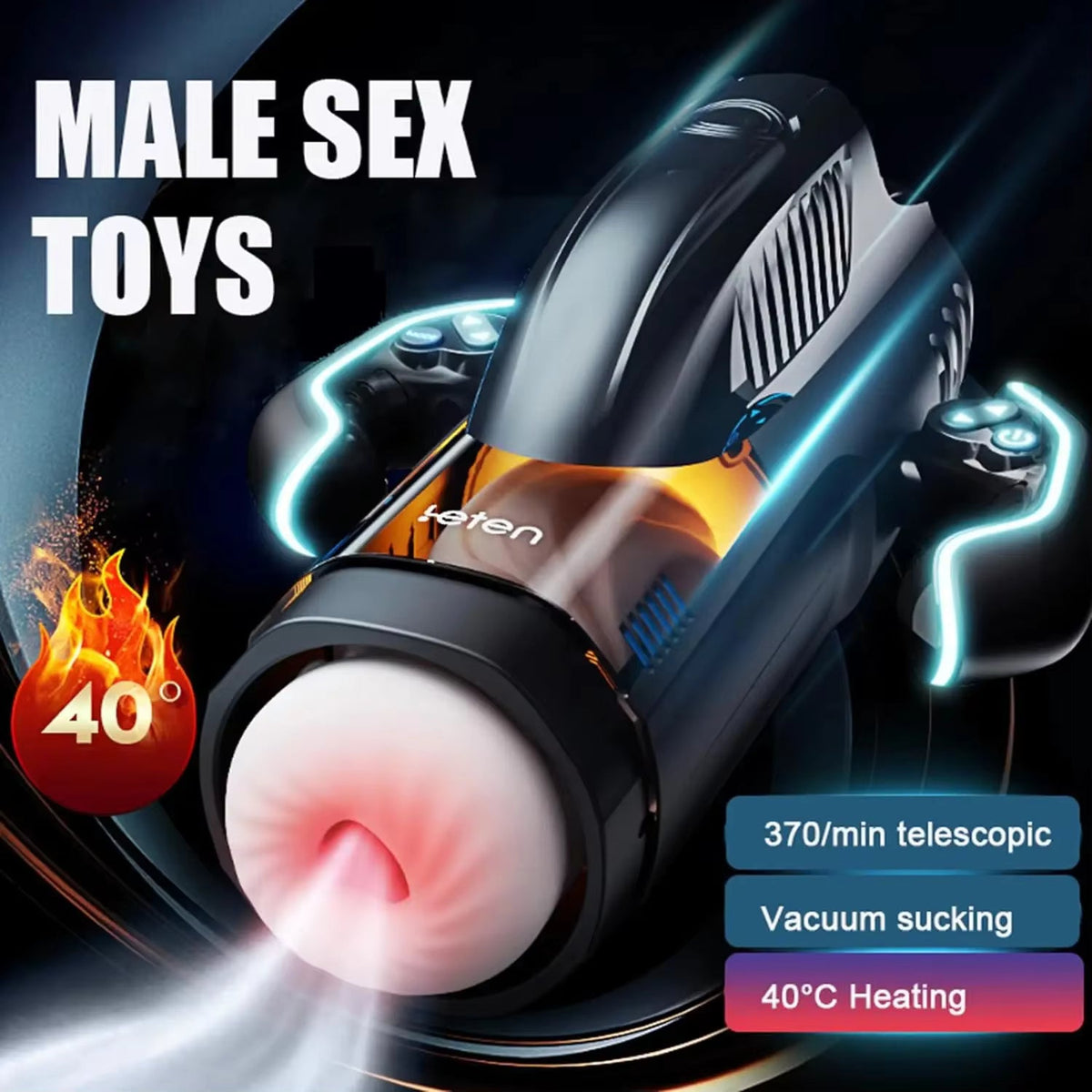 Leten automatic male masturbator showcasing telescopic motion, vacuum sucking, and 40°C heating.