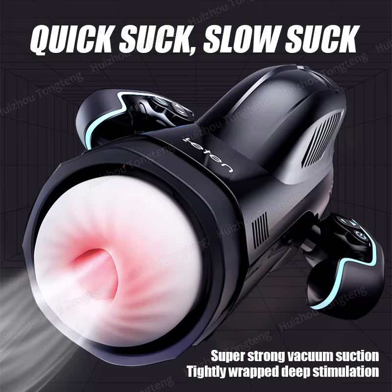 Leten automatic male masturbator showcasing strong vacuum suction modes and opening sleeve detail.
