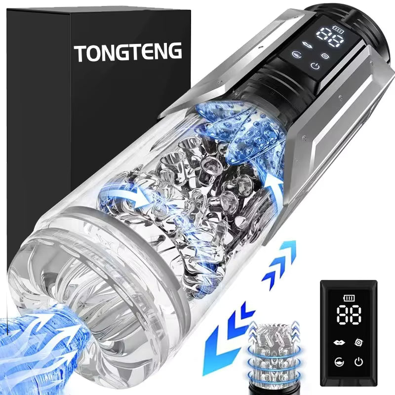 Silver male masturbator with clear textured sleeve, digital LED screen, and black packaging box.
