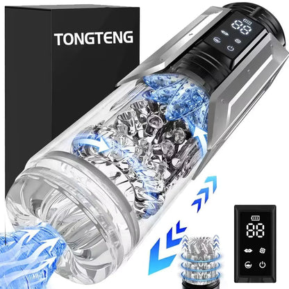 Silver male masturbator with clear textured sleeve, digital LED screen, and black packaging box.
