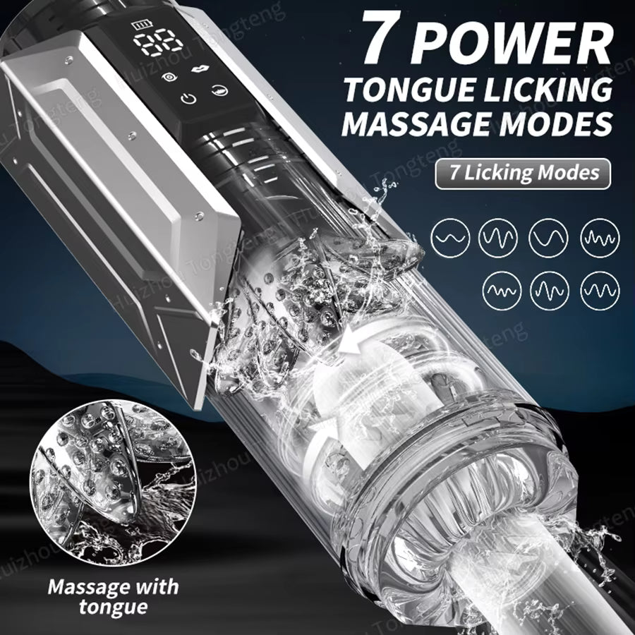 Silver male masturbator with clear textured sleeve showing 7 power tongue licking massage modes.