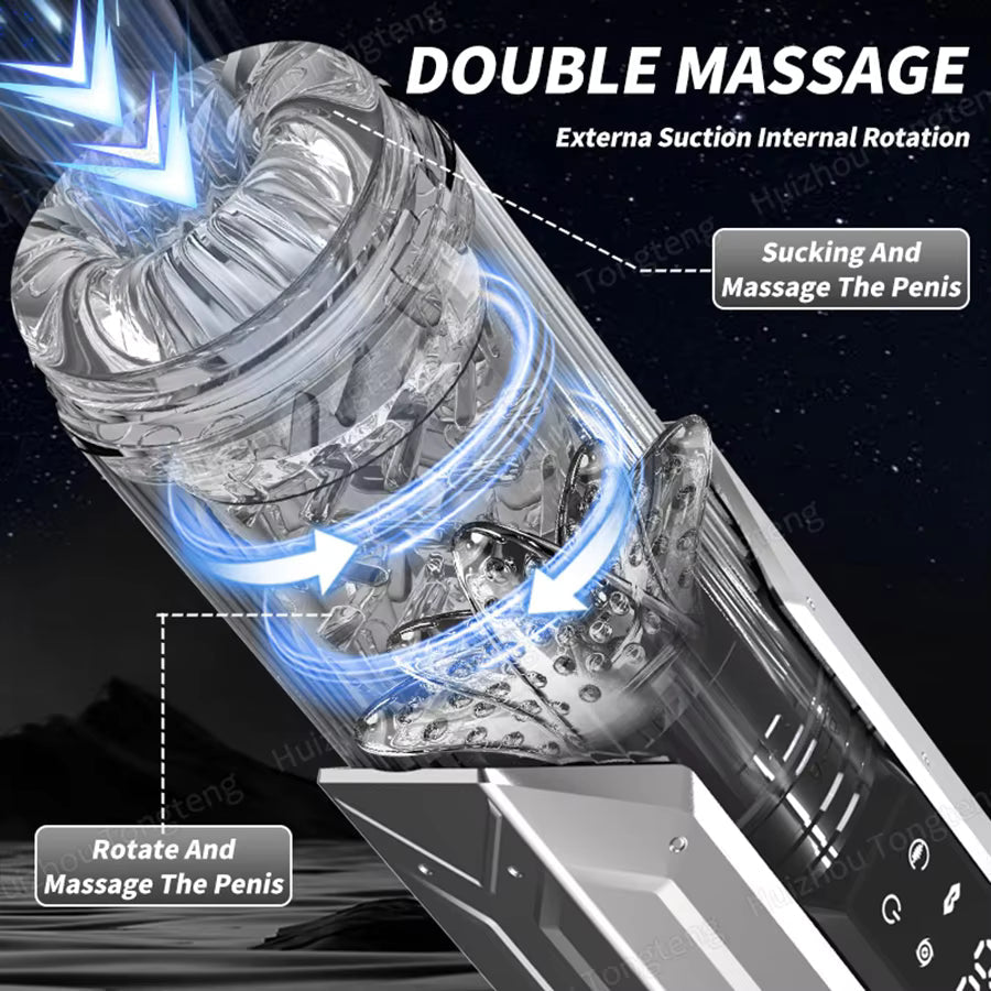 Silver male masturbator with clear textured sleeve showing external suction and internal rotation modes.