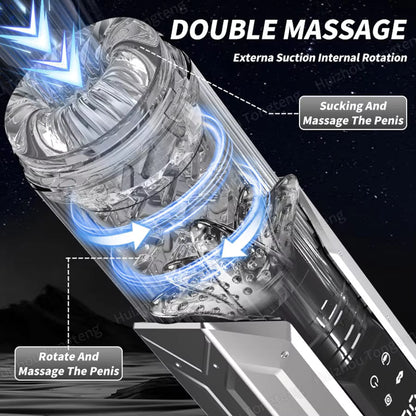 Silver male masturbator with clear textured sleeve showing external suction and internal rotation modes.