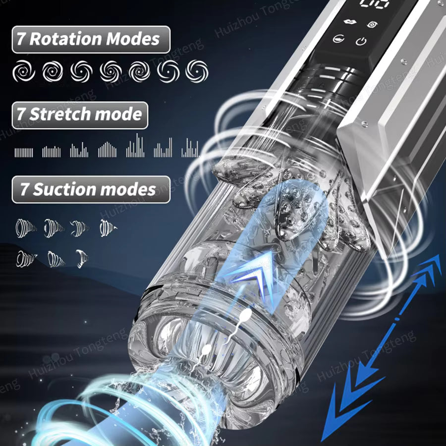 Silver male masturbator with clear textured sleeve showing rotation, stretch, and suction modes.