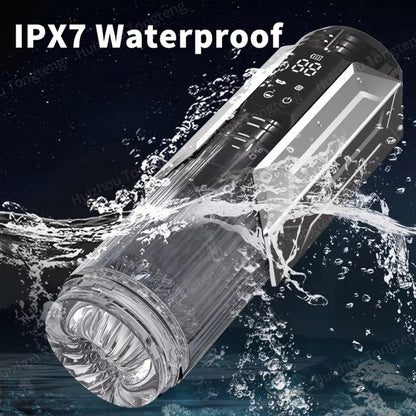 Silver male masturbator with clear textured sleeve underwater highlighting IPX7 waterproof design.