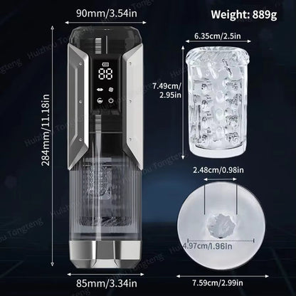 Silver male masturbator diagram with product and sleeve dimension specifications.