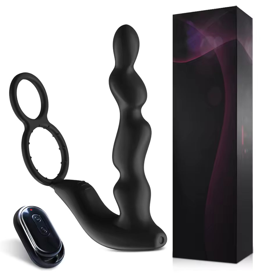 Black wavy prostate massager with attached double rings, remote control, and sleek black box.