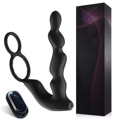 Black wavy prostate massager with attached double rings, remote control, and sleek black box.