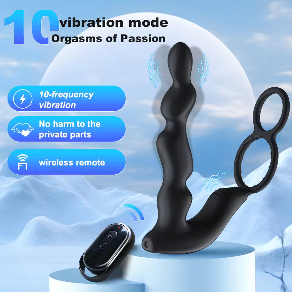 Black wavy prostate massager with double rings and wireless remote, featuring 10 vibration modes text.