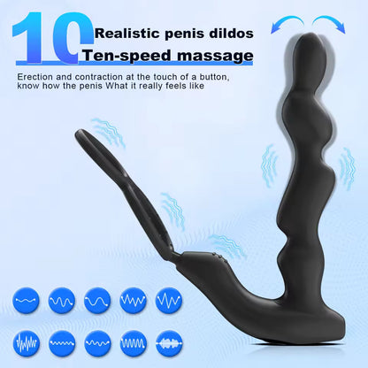 Black wavy prostate vibrator showing 10 vibration pattern icons and ten-speed massage text.