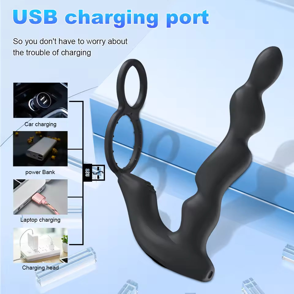 Black prostate massager showing USB charging compatibility options like power bank and laptop.