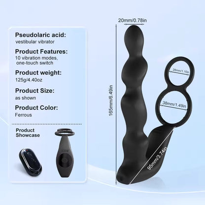 Black wavy prostate massager with dimensions, double rings, and wireless remote control specifications.
