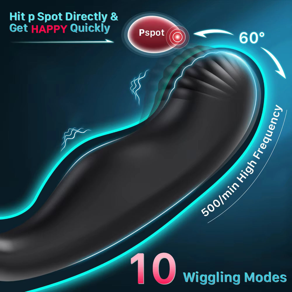 Black prostate massager tip demonstrating 60-degree wiggling action with 10 modes targeting the P-spot.