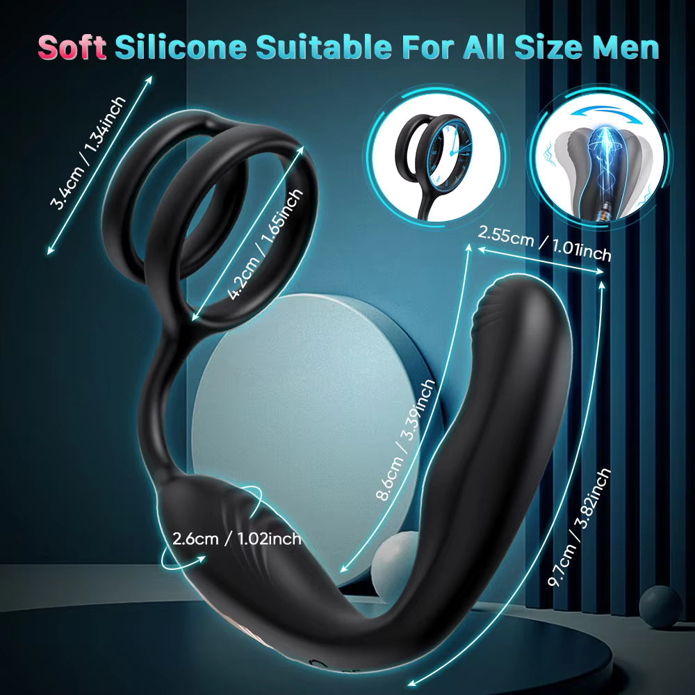 Black wiggling prostate massager with dual rings, showing full body, ring, and shaft dimensions.