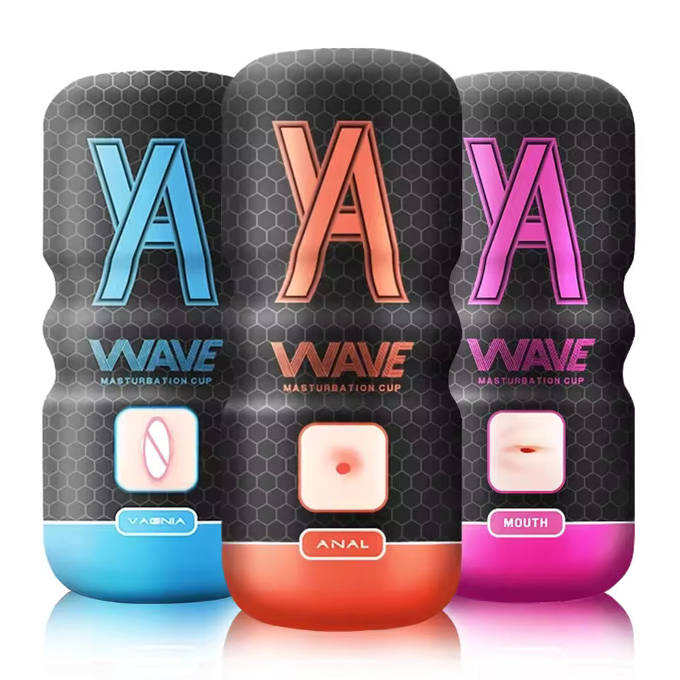 Three Wave male masturbation cups in blue, orange, and pink variants.