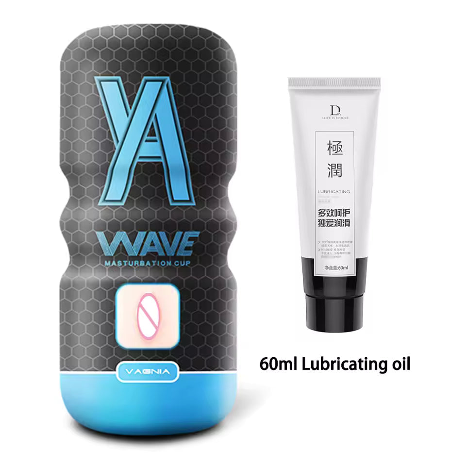Blue Wave male masturbator cup shown alongside a 60ml tube of lubricating oil.