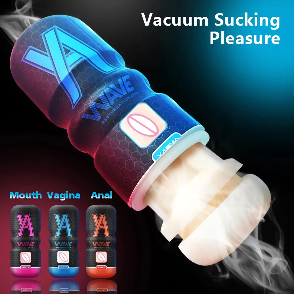 Blue Wave male masturbation cup demonstrating vacuum suction feature, with variant options below.