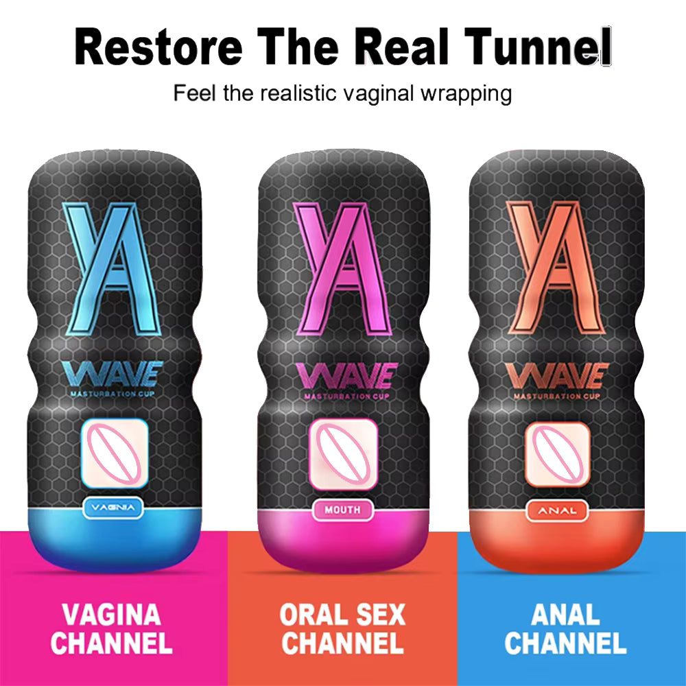 Three Wave male masturbator cups showing Vagina, Oral Sex, and Anal channel variants.